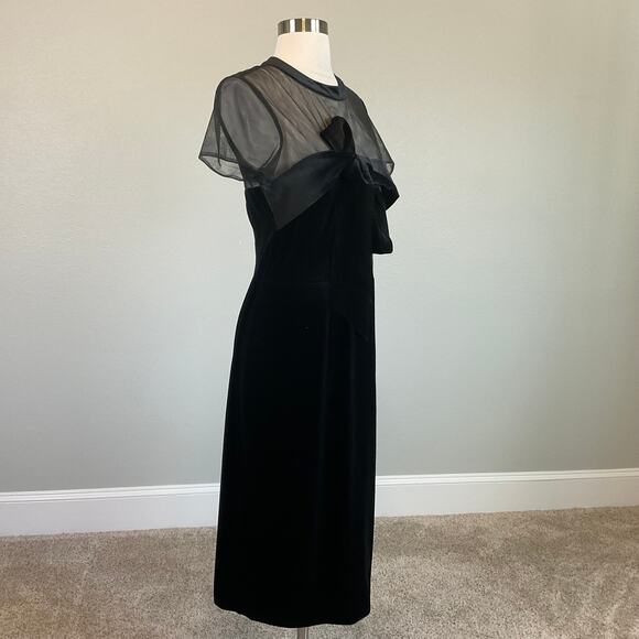 JS Collection Velvet Midi Sheath Cocktail Dress Black Size 10 Sheer Short Sleeve - Picture 2 of 13